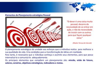 Elementos do Planejamento estratégico Pessoal

                                                              “O dever é uma coisa muito
                                                                  pessoal; decorre da
                                                              necessidade de se entrar em
                                                               ação, e não da necessidade
                                                                de insistir com os outros
                                                                para que façam qualquer
                                                                          coisa.”

                                                                     (Madre Teresa de Calcutá)


O planejamento estratégico dá unidade aos esforços que o indivíduo realiza para melhorar a
sua qualidade de vida. Cria condições para a transformação de idéias em realidade.
Para tanto, é necessário que o indivíduo conheça e assimile seus elementos, para que possa
internalizá-lo e comunicá-lo adequadamente.
Os principais elementos que compõem um planejamento são: missão, visão de futuro,
valores, cenários, objetivos estratégicos, indicadores e metas.
 