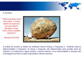 4. Cenários


“Todas as grandes coisas
  são simples. E muitas
  podem ser expressas
     numa só palavra:
    liberdade; justiça;
 honra; dever; piedade;
        esperança.”

  (Winston Churchill)



 A análise de cenário se divide em ambiente interno (Forças e Fraquezas) e ambiente externo
 (Oportunidades e Ameaças). As forças e fraquezas são determinadas pela posição atual da
 empresa e se relacionam, quase sempre, a fatores internos. Já as oportunidades e ameaças são
 antecipações do futuro e estão relacionadas a fatores externos.
 