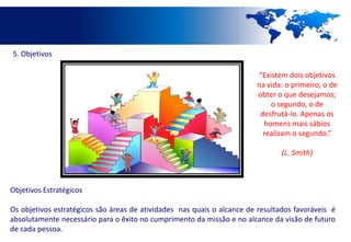 5. Objetivos

                                                                        “Existem dois objetivos
                                                                        na vida: o primeiro, o de
                                                                        obter o que desejamos;
                                                                            o segundo, o de
                                                                         desfrutá-lo. Apenas os
                                                                          homens mais sábios
                                                                          realizam o segundo.”

                                                                                (L. Smith)



Objetivos Estratégicos

Os objetivos estratégicos são áreas de atividades nas quais o alcance de resultados favoráveis é
absolutamente necessário para o êxito no cumprimento da missão e no alcance da visão de futuro
de cada pessoa.
 