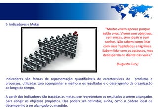 6. Indicadores e Metas
                                                                 “Muitos vivem apenas porque
                                                               estão vivos. Vivem sem objetivos,
                                                                  sem metas, sem ideais e sem
                                                                 sonhos. Não sabem como lidar
                                                                com suas fragilidades e lágrimas.
                                                               Sabem lidar com os aplausos, mas
                                                               desesperam-se diante das vaias.”

                                                                        (Augusto Cury)



Indicadores são formas de representação quantificáveis de características de produtos e
processos, utilizadas para acompanhar e melhorar os resultados e o desempenho da organização
ao longo do tempo.

A partir dos indicadores são traçadas as metas, que representam os resultados a serem alcançados
para atingir os objetivos propostos. Elas podem ser definidas, ainda, como o padrão ideal de
desempenho a ser alcançado ou mantido.
 