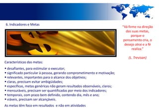 6. Indicadores e Metas
                                                                           “Vá firme na direção
                                                                              das suas metas,
                                                                                 porque o
                                                                            pensamento cria, o
                                                                             desejo atrai e a fé
                                                                                  realiza.”

                                                                               (L. Trevisan)
Características das metas:
 desafiantes, para estimular o executor;
 significado particular à pessoa, gerando comprometimento e motivação;
 relevantes, importantes para o alcance dos objetivos;
 claras, precisam evitar ambigüidades;
 específicas, metas genéricas não geram resultados observáveis, claros;
 mensuráveis, precisam ser quantificadas por meio dos indicadores;
 temporais, com prazo bem definido, contendo dia, mês e ano;
 viáveis, precisam ser alcançáveis.
As metas têm foco em resultados e não em atividades
 