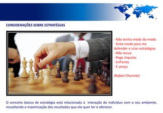 CONSIDERAÇÕES SOBRE ESTRATÉGIAS


                                                                  - Não tenho medo do medo
                                                                  - Sinto medo para me
                                                                  defender e criar estratégias
                                                                  - Não recuo
                                                                  - Pego impulso
                                                                  - Enfrento
                                                                  - E venço

                                                                  (Rafael Charrete)




O conceito básico de estratégia está relacionado à interação do indivíduo com o seu ambiente,
ressaltando a maximização dos resultados que ele quer ter e oferecer.
 