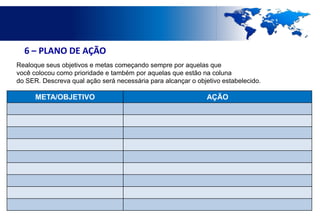6 – PLANO DE AÇÃO
Realoque seus objetivos e metas começando sempre por aquelas que
você colocou como prioridade e também por aquelas que estão na coluna
do SER. Descreva qual ação será necessária para alcançar o objetivo estabelecido.

      META/OBJETIVO                                            AÇÃO
 