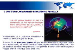 O QUE É UM PLANEJAMENTO ESTRATÉGICO PESSOAL?



       “Um dos grandes segredos da vida é a
       determinação, se você age com dedicação
       total e planejamento aos seus projetos, o
       sucesso é uma conseqüência.”

                                    (Izzo Rocha)


Planejamento é o processo consciente e
metódico da construção do futuro.

Trata-se de um processo gerencial que permite estabelecer objetivos para a
vida, assim como, um direcionamento a ser seguido criteriosamente com o fim
de alcançar os resultados previstos. Isso permite a obtenção de otimização da
relação entre o indivíduo e seu ambiente.
 