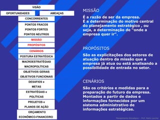 MISSÃO 
É a razão de ser da empresa. 
É a determinação do motivo central 
do planejamento estratégico , ou 
seja, a determinação de “onde a 
empresa quer ir”. 
PROPÓSITOS 
São as explicitações dos setores de 
atuação dentro da missão que a 
empresa já atua ou está analisando a 
possibilidade de entrada no setor. 
CENÁRIOS 
São os critérios e medidas para a 
preparação do futuro da empresa. 
Montados a partir de dados e 
informações fornecidos por um 
sistema administrativo de 
informações estratégicas. 
Planejamento Estratégico – Prof. Pedro Lacchia 
VISÃO 
OPORTUNIDADES AMEAÇAS 
CONCORRENTES 
PONTOS FRACOS 
PONTOS FORTES 
PONTOS NEUTROS 
MISSÃO 
PROPÓSITOS 
CENÁRIOS 
POSTURA ESTRATÉGICA 
MACROESTRATÉGIAS 
MACROPOLÍTICAS 
OBJETIVOS GERAIS 
OBJETIVOS FUNCIONAIS 
DESAFIOS e 
METAS 
ESTRATÉGIAS e 
POLÍTICAS 
PROJETOS e 
PLANOS DE AÇÃO 
ORÇAMENTO 
ECONÔMICO-FINANCEIRO 
 