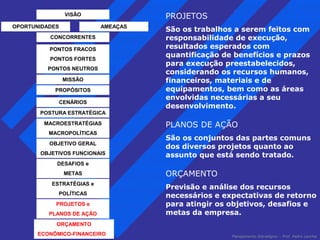 PROJETOS 
São os trabalhos a serem feitos com 
responsabilidade de execução, 
resultados esperados com 
quantificação de benefícios e prazos 
para execução preestabelecidos, 
considerando os recursos humanos, 
financeiros, materiais e de 
equipamentos, bem como as áreas 
envolvidas necessárias a seu 
desenvolvimento. 
PLANOS DE AÇÃO 
São os conjuntos das partes comuns 
dos diversos projetos quanto ao 
assunto que está sendo tratado. 
ORÇAMENTO 
Previsão e análise dos recursos 
necessários e expectativas de retorno 
para atingir os objetivos, desafios e 
metas da empresa. 
Planejamento Estratégico – Prof. Pedro Lacchia 
VISÃO 
OPORTUNIDADES AMEAÇAS 
CONCORRENTES 
PONTOS FRACOS 
PONTOS FORTES 
PONTOS NEUTROS 
MISSÃO 
PROPÓSITOS 
CENÁRIOS 
POSTURA ESTRATÉGICA 
MACROESTRATÉGIAS 
MACROPOLÍTICAS 
OBJETIVO GERAL 
OBJETIVOS FUNCIONAIS 
DESAFIOS e 
METAS 
ESTRATÉGIAS e 
POLÍTICAS 
PROJETOS e 
PLANOS DE AÇÃO 
ORÇAMENTO 
ECONÔMICO-FINANCEIRO 
 