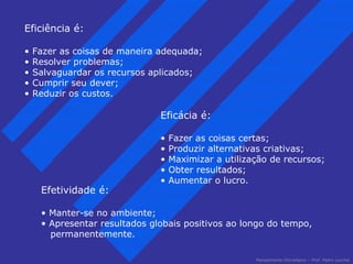 Planejamento Estratégico – Prof. Pedro Lacchia 
Eficiência é: 
• Fazer as coisas de maneira adequada; 
• Resolver problemas; 
• Salvaguardar os recursos aplicados; 
• Cumprir seu dever; 
• Reduzir os custos. 
Eficácia é: 
• Fazer as coisas certas; 
• Produzir alternativas criativas; 
• Maximizar a utilização de recursos; 
• Obter resultados; 
• Aumentar o lucro. 
Efetividade é: 
• Manter-se no ambiente; 
• Apresentar resultados globais positivos ao longo do tempo, 
permanentemente. 
 