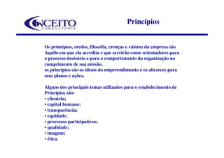 Princípios


Os princípios, credos, filosofia, crenças e valores da empresa são
Aquilo em que ela acredita e que servirão como orientadores para
o processo decisório e para o comportamento da organização no
cumprimento de sua missão.
os princípios são os ideais do empreendimento e os alicerces para
seus planos e ações.

Alguns dos principais temas utilizados para o estabelecimento de
Princípios são:
• clientela;
• capital humano;
• transparência;
• equidade;
• processos participativos;
• qualidade;
• imagem;
• ética.
 