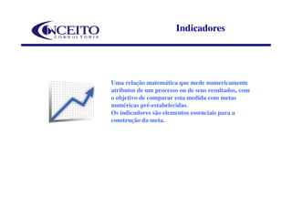 Indicadores




Uma relação matemática que mede numericamente
atributos de um processo ou de seus resultados, com
o objetivo de comparar esta medida com metas
numéricas pré-estabelecidas.
Os indicadores são elementos essenciais para a
construção da meta.
 