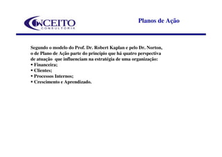 Planos de Ação



Segundo o modelo do Prof. Dr. Robert Kaplan e pelo Dr. Norton,
o de Plano de Ação parte do princípio que há quatro perspectiva
de atuação que influenciam na estratégia de uma organização:
  Financeira;
  Clientes;
  Processos Internos;
  Crescimento e Aprendizado.
 