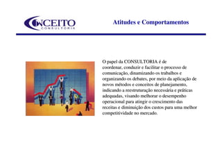 Atitudes e Comportamentos




O papel da CONSULTORIA é de
coordenar, conduzir e facilitar o processo de
comunicação, dinamizando os trabalhos e
organizando os debates, por meio da aplicação de
novos métodos e conceitos de planejamento,
indicando a reestruturação necessária e práticas
adequadas, visando melhorar o desempenho
operacional para atingir o crescimento das
receitas e diminuição dos custos para uma melhor
competitividade no mercado.
 
