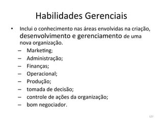 Habilidades	
  Gerenciais	
  
•     Inclui	
  o	
  conhecimento	
  nas	
  áreas	
  envolvidas	
  na	
  criação,	
  
      desenvolvimento	
  e	
  gerenciamento	
  de	
  uma	
  
      nova	
  organização.	
  
     –  Marke.ng;	
  
     –  Administração;	
  
     –  Finanças;	
  
     –  Operacional;	
  
     –  Produção;	
  
     –  tomada	
  de	
  decisão;	
  
     –  controle	
  de	
  ações	
  da	
  organização;	
  
     –  bom	
  negociador.	
  
                                                                                   127	
  
 