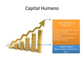 Capital	
  Humano	
  

                         Capital	
  Intangível	
  ou	
  
                             Intelectual:	
  
                                      	
  
                 Estrutura	
  Interna	
  (conceitos,	
  modelos,	
  
                 processos	
  e	
  sistemas)	
  
                 Estrutura	
  Externo	
  (Marca,	
  clientes,	
  
                 reputação)	
  
                 Capital	
  Humano	
  (competências,	
  
                 habilidades,	
  valores)	
  
                                         	
  

                        Capital	
  Tangível	
  
                  (Bens,	
  Imóveis,	
  Maquinario,	
  
                                etc..)	
  
 