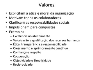 Valores	
  
•    Explicitam	
  a	
  é.ca	
  e	
  moral	
  da	
  organização	
  
•    Mo.vam	
  todos	
  os	
  colaboradores	
  
•    Clariﬁcam	
  as	
  responsabilidades	
  sociais	
  
•    Impulsionam	
  para	
  conquistas	
  
•    Exemplos	
  
      –  Excelência	
  no	
  atendimento	
  
      –  Valorização	
  e	
  qualiﬁcação	
  dos	
  recursos	
  humanos	
  
      –  É.ca,	
  transparência	
  e	
  responsabilidade	
  
      –  Crescimento	
  e	
  aprimoramento	
  con€nuo	
  
      –  Conﬁança	
  e	
  respeito	
  
      –  Cooperação	
  
      –  Obje.vidade	
  e	
  Simplicidade	
  
      –  Reciprocidade	
  
 