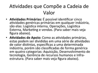 A.vidades	
  que	
  Compõe	
  a	
  Cadeia	
  de	
  
                       Valor	
  
•  A7vidades	
  Primárias:	
  É	
  possível	
  iden.ﬁcar	
  cinco	
  
   a.vidades	
  genéricas	
  primárias	
  em	
  qualquer	
  indústria,	
  
   são	
  elas:	
  Logís.ca	
  interna,	
  Operações,	
  Logís.ca	
  
   Externa,	
  Marke.ng	
  e	
  vendas.	
  (Para	
  saber	
  mais	
  veja	
  
   ﬁgura	
  abaixo).	
  
•  A7vidades	
  de	
  Apoio:	
  Como	
  as	
  a.vidades	
  primárias,	
  
   estas	
  podem	
  ser	
  divididas	
  em	
  uma	
  série	
  de	
  a.vidades	
  
   de	
  valor	
  dis.ntas,	
  especíﬁcas	
  a	
  uma	
  determinada	
  
   indústria,	
  porém	
  são	
  classiﬁcadas	
  de	
  forma	
  genérica	
  
   em	
  quatro	
  categorias:	
  Aquisição,	
  Desenvolvimento	
  de	
  
   tecnologia,	
  Gerência	
  de	
  recursos	
  humanos	
  e	
  Infra-­‐
   estrutura.	
  (Para	
  saber	
  mais	
  veja	
  ﬁgura	
  abaixo).	
  
 