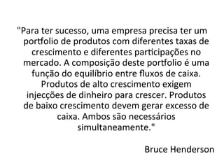 "Para	
  ter	
  sucesso,	
  uma	
  empresa	
  precisa	
  ter	
  um	
  
 porzolio	
  de	
  produtos	
  com	
  diferentes	
  taxas	
  de	
  
    crescimento	
  e	
  diferentes	
  par.cipações	
  no	
  
 mercado.	
  A	
  composição	
  deste	
  porzolio	
  é	
  uma	
  
    função	
  do	
  equilíbrio	
  entre	
  ﬂuxos	
  de	
  caixa.	
  
         Produtos	
  de	
  alto	
  crescimento	
  exigem	
  
  injecções	
  de	
  dinheiro	
  para	
  crescer.	
  Produtos	
  
 de	
  baixo	
  crescimento	
  devem	
  gerar	
  excesso	
  de	
  
                caixa.	
  Ambos	
  são	
  necessários	
  
                     simultaneamente."	
  

                                             Bruce	
  Henderson	
  
 