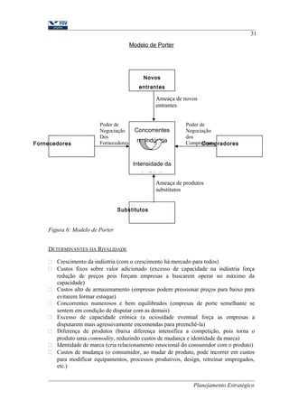 Modelo de Porter 
Ameaça de novos 
entrantes 
Poder de Poder de 
Negociação Concorrentes 
Negociação 
Dos dos 
Fornecedores na Indústria 
Compradores 
Fornecedores Compradores 
Intensidade da 
rivalidade 
Ameaça de produtos 
substitutos 
Figura 6: Modelo de Porter 
31 
DETERMINANTES DA RIVALIDADE 
 Crescimento da indústria (com o crescimento há mercado para todos) 
 Custos fixos sobre valor adicionado (excesso de capacidade na indústria força 
redução de preços pois forçam empresas a buscarem operar no máximo da 
capacidade) 
 Custos alto de armazenamento (empresas podem pressionar preços para baixo para 
evitarem formar estoque) 
 Concorrentes numerosos e bem equilibrados (empresas de porte semelhante se 
sentem em condição de disputar com as demais) 
 Excesso de capacidade crônica (a ociosidade eventual força as empresas a 
disputarem mais agressivamente encomendas para preenchê-la) 
 Diferença de produtos (baixa diferença intensifica a competição, pois torna o 
produto uma commodity, reduzindo custos de mudança e identidade da marca) 
 Identidade de marca (cria relacionamento emocional do consumidor com o produto) 
 Custos de mudança (o consumidor, ao mudar de produto, pode incorrer em custos 
para modificar equipamentos, processos produtivos, design, retreinar empregados, 
etc.) 
Planejamento Estratégico 
Novos 
entrantes 
Substitutos 
 