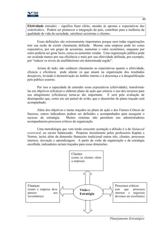 48 
Efetividade (missão) – significa fazer efeito, atender às apostas e expectativas dos 
stakeholders. Podem ser promover a integração do país, contribuir para a melhoria da 
qualidade de vida da sociedade, satisfazer acionistas e clientes. 
Essas definições são extremamente importantes porque nem todas organizações 
tem sua razão de existir claramente definida. Mesmo uma empresa pode ter como 
expectativa, por um grupo de acionistas, aumentar o valor econômico, enquanto por 
outro poderia ser gerar lucro, caixa ou aumentar vendas. Uma organização pública pode 
ser avaliada menos por sua eficiência e mais por sua efetividade definida, por exemplo, 
por “reduzir os níveis de analfabetismo em determinada região”. 
Acima de tudo, não conhecer claramente as expectativas quanto a efetividade, 
eficácia e eficiência pode afastar os que atuam na organização dos resultados 
desejáveis, levando à desmotivação no âmbito interno e à descrença e à desqualificação 
pelo público externo. 
Por isso a capacidade de entender essas expectativas (efetividade), transformá-las 
em objetivos (eficácia) e elaborar plano de ação que otimize o uso dos recursos para 
seu atingimento (eficiência) torna-se tão importante. E será pela avaliação de 
desempenho que, como em um painel de avião, que o desenrolar do plano traçado será 
acompanhado. 
Além dos objetivos e metas traçados no plano de ação e dos Fatores Críticos de 
Sucesso, outros indicadores podem ser definidos e acompanhados para assegurar o 
sucesso da estratégia. Muitos sistemas não permitem aos administradores 
acompanharem processos críticos da organização. 
Uma metodologia que vem tendo crescente aceitação e difusão é a do balanced 
scorecard, ou escore balanceado. Proposta inicialmente pelos professores Kaplan e 
Norton, inclui além da dimensão financeira tradicional outras três, clientes, processos 
internos, inovação e aprendizagem. A partir da visão da organização e da estratégia 
escolhida, indicadores seriam traçados para essas dimensões. 
Planejamento Estratégico 
Clientes 
(como os clientes vêem 
a empresa) 
Visão e 
Estratégia 
Finanças 
(como a empresa deve 
parecer aos 
investidores) 
Processos críticos 
(em que processos 
internos e negociais 
devemos ser excelentes) 
 
