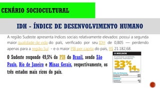 CENÁRIO SOCIOCULTURAL
IDH - ÍNDICE DE DESENVOLVIMENTO HUMANO
A região Sudeste apresenta índices sociais relativamente elevados: possui a segunda
maior qualidade de vida do país, verificado por seu IDH de 0,805 — perdendo
apenas para a região Sul  - e o maior PIB per capita do país, R$ 21.182,68.
O Sudeste responde 49,5% do PIB do Brasil, sendo São
Paulo, Rio de Janeiro e Minas Gerais, respectivamente, os
três estados mais ricos do país.
 