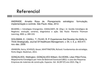 Referencial
ANDRADE, Arnaldo Rosa de. Planejamento estratégico: formulação,
implementação e controle. São Paulo: Atlas, 2012.
BELMIRO, J. Estratégias Emergentes. CAVALCANTI, M. (Org.). In: Gestão Estratégica de
Negócios: evolução, cenários, diagnóstico e ação. São Paulo: Pioneira Thomson
Learning, 2003. p. 289-319.
GOLDMAN, E.; CAHILL, T.; FILHO, R. P. Experiences that Develop the Ability to
Think Strategically. Journal Of Healthcare Management, v. 54, n. 6, p. 403-417,
nov.-dec. 2009.
JOHNSON, Gerry; SCHOLES, Kevan; WHITTINGTON, Richard. Fundamentos de estratégia.
Porto Alegre: Bookman, 2011.
GONÇALVES, Wellington; GONÇALVES William; OLIVEIRA, Lilian Pittol Firme.
Mapeamento Estratégico por meio do Balanced Scorecard (BSC): o caso das Pequenas
Empresas de materiais de construção. Espacios. Vol. 36 (Nº 07) ano 2015. Pág. 4
 