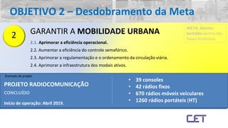 2 GARANTIR A MOBILIDADE URBANA
2.1. Aprimorar a eficiência operacional.
2.2. Aumentar a eficiência do controle semafórico.
2.3. Aprimorar a regulamentação e o ordenamento da circulação viária.
2.4. Aprimorar a infraestrutura dos modais ativos.
• 39 consoles
• 42 rádios fixos
• 670 rádios móveis veiculares
• 1260 rádios portáteis (HT)
PROJETO RADIOCOMUNICAÇÃO
CONCLUÍDO
Início de operação: Abril 2019.
OBJETIVO 2 – Desdobramento da Meta
META: Manter
lentidão dentro das
faixas históricas.
Exemplo de projeto
 