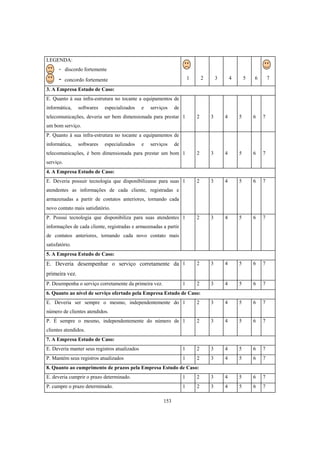 153
LEGENDA:
- discordo fortemente
- concordo fortemente 1 2 3 4 5 6 7
3. A Empresa Estudo de Caso:
E. Quanto à sua infra-estrutura no tocante a equipamentos de
informática, softwares especializados e serviços de
telecomunicações, deveria ser bem dimensionada para prestar
um bom serviço.
1 2 3 4 5 6 7
P. Quanto à sua infra-estrutura no tocante a equipamentos de
informática, softwares especializados e serviços de
telecomunicações, é bem dimensionada para prestar um bom
serviço.
1 2 3 4 5 6 7
4. A Empresa Estudo de Caso:
E. Deveria possuir tecnologia que disponibilizasse para suas
atendentes as informações de cada cliente, registradas e
armazenadas a partir de contatos anteriores, tornando cada
novo contato mais satisfatório.
1 2 3 4 5 6 7
P. Possui tecnologia que disponibiliza para suas atendentes
informações de cada cliente, registradas e armazenadas a partir
de contatos anteriores, tornando cada novo contato mais
satisfatório.
1 2 3 4 5 6 7
5. A Empresa Estudo de Caso:
E. Deveria desempenhar o serviço corretamente da
primeira vez.
1 2 3 4 5 6 7
P. Desempenha o serviço corretamente da primeira vez. 1 2 3 4 5 6 7
6. Quanto ao nível de serviço ofertado pela Empresa Estudo de Caso:
E. Deveria ser sempre o mesmo, independentemente do
número de clientes atendidos.
1 2 3 4 5 6 7
P. É sempre o mesmo, independentemente do número de
clientes atendidos.
1 2 3 4 5 6 7
7. A Empresa Estudo de Caso:
E. Deveria manter seus registros atualizados 1 2 3 4 5 6 7
P. Mantém seus registros atualizados 1 2 3 4 5 6 7
8. Quanto ao cumprimento de prazos pela Empresa Estudo de Caso:
E. deveria cumprir o prazo determinado. 1 2 3 4 5 6 7
P. cumpre o prazo determinado. 1 2 3 4 5 6 7
 