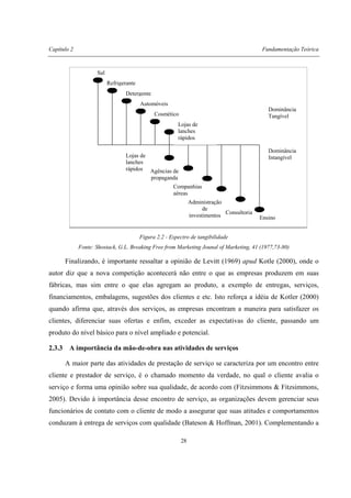 Capítulo 2 Fundamentação Teórica
28
Figura 2.2 - Espectro de tangibilidade
Fonte: Shostack, G.L. Breaking Free from Marketing Jounal of Marketing, 41 (1977,73-80)
Finalizando, é importante ressaltar a opinião de Levitt (1969) apud Kotle (2000), onde o
autor diz que a nova competição acontecerá não entre o que as empresas produzem em suas
fábricas, mas sim entre o que elas agregam ao produto, a exemplo de entregas, serviços,
financiamentos, embalagens, sugestões dos clientes e etc. Isto reforça a idéia de Kotler (2000)
quando afirma que, através dos serviços, as empresas encontram a maneira para satisfazer os
clientes, diferenciar suas ofertas e enfim, exceder as expectativas do cliente, passando um
produto do nível básico para o nível ampliado e potencial.
2.3.3 A importância da mão-de-obra nas atividades de serviços
A maior parte das atividades de prestação de serviço se caracteriza por um encontro entre
cliente e prestador de serviço, é o chamado momento da verdade, no qual o cliente avalia o
serviço e forma uma opinião sobre sua qualidade, de acordo com (Fitzsimmons & Fitzsimmons,
2005). Devido à importância desse encontro de serviço, as organizações devem gerenciar seus
funcionários de contato com o cliente de modo a assegurar que suas atitudes e comportamentos
conduzam à entrega de serviços com qualidade (Bateson & Hoffman, 2001). Complementando a
Ensino
Sal
Refrigerante
Detergente
Automóveis
Cosmético
Lojas de
lanches
rápidos
Lojas de
lanches
rápidos Agências de
propaganda
Companhias
aéreas
Administração
de
investimentos
Consultoria
Dominância
Intangível
Dominância
Tangível
 