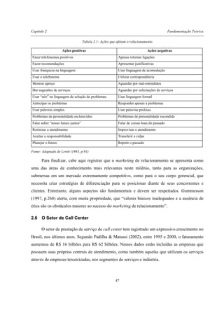Capítulo 2 Fundamentação Teórica
47
Tabela 2.1- Ações que afetam o relacionamento
Ações positivas Ações negativas
Fazer telefonemas positivos Apenas retornar ligações
Fazer recomendações Apresentar justificativas
Usar franqueza na linguagem Usar linguagem de acomodação
Usar o telefonema Utilizar correspondência
Mostrar apreço Aguardar por mal-entendidos
Dar sugestões de serviços Aguardar por solicitações de serviços
Usar “nós” na linguagem de solução de problemas. Usar linguagem formal
Antecipar os problemas Responder apenas a problemas
Usar palavras simples Usar palavras prolixas
Problemas de personalidade esclarecidos Problemas de personalidade escondida
Falar sobre “nosso futuro juntos” Falar de coisas boas do passado
Rotinizar o atendimento Improvisar o atendimento
Aceitar a responsabilidade Transferir a culpa
Planejar o futuro Repetir o passado
Fonte: Adaptado de Levitt (1983, p.91)
Para finalizar, cabe aqui registrar que o marketing de relacionamento se apresenta como
uma das áreas de conhecimento mais relevantes neste milênio, tanto para as organizações,
submersas em um mercado extremamente competitivo, como para o seu corpo gerencial, que
necessita criar estratégias de diferenciação para se posicionar diante de seus concorrentes e
clientes. Entretanto, alguns aspectos são fundamentais e devem ser respeitados. Gummesson
(1997, p.268) alerta, com muita propriedade, que “valores básicos inadequados e a ausência de
ética são os obstáculos maiores ao sucesso do marketing de relacionamento”.
2.6 O Setor de Call Center
O setor de prestação de serviço de call center tem registrado um expressivo crescimento no
Brasil, nos últimos anos. Segundo Padilha & Matussi (2002), entre 1995 e 2000, o faturamento
aumentou de R$ 16 bilhões para R$ 62 bilhões. Nesses dados estão incluídas as empresas que
possuem suas próprias centrais de atendimento, como também aquelas que utilizam os serviços
através de empresas terceirizadas, nos segmentos de serviços e indústria.
 