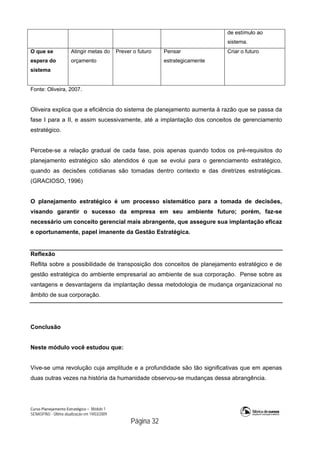 Curso Planejamento Estratégico – Módulo 1
SENASP/MJ - Última atualização em 19/03/2009
                                            Página 32
de estímulo ao
sistema.
O que se
espera do
sistema
Atingir metas do
orçamento
Prever o futuro Pensar
estrategicamente
Criar o futuro
Fonte: Oliveira, 2007.
Oliveira explica que a eficiência do sistema de planejamento aumenta à razão que se passa da
fase I para a II, e assim sucessivamente, até a implantação dos conceitos de gerenciamento
estratégico.
Percebe-se a relação gradual de cada fase, pois apenas quando todos os pré-requisitos do
planejamento estratégico são atendidos é que se evolui para o gerenciamento estratégico,
quando as decisões cotidianas são tomadas dentro contexto e das diretrizes estratégicas.
(GRACIOSO, 1996)
O planejamento estratégico é um processo sistemático para a tomada de decisões,
visando garantir o sucesso da empresa em seu ambiente futuro; porém, faz-se
necessário um conceito gerencial mais abrangente, que assegure sua implantação eficaz
e oportunamente, papel imanente da Gestão Estratégica.
Reflexão
Reflita sobre a possibilidade de transposição dos conceitos de planejamento estratégico e de
gestão estratégica do ambiente empresarial ao ambiente de sua corporação. Pense sobre as
vantagens e desvantagens da implantação dessa metodologia de mudança organizacional no
âmbito de sua corporação.
Conclusão
Neste módulo você estudou que:
Vive-se uma revolução cuja amplitude e a profundidade são tão significativas que em apenas
duas outras vezes na história da humanidade observou-se mudanças dessa abrangência.
 