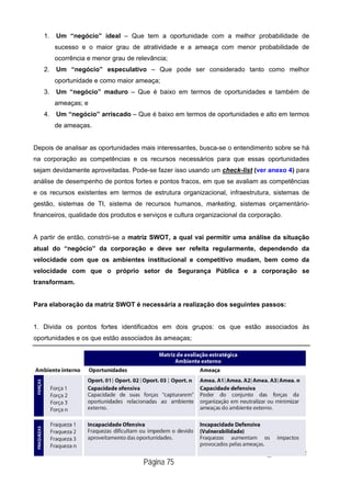 Curso Planejamento Estratégico – Módulo 2
SENASP/MJ - Última atualização em 20/03/2009
                                            Página 75
1. Um “negócio” ideal – Que tem a oportunidade com a melhor probabilidade de
sucesso e o maior grau de atratividade e a ameaça com menor probabilidade de
ocorrência e menor grau de relevância;
2. Um “negócio” especulativo – Que pode ser considerado tanto como melhor
oportunidade e como maior ameaça;
3. Um “negócio” maduro – Que é baixo em termos de oportunidades e também de
ameaças; e
4. Um “negócio” arriscado – Que é baixo em termos de oportunidades e alto em termos
de ameaças.
Depois de analisar as oportunidades mais interessantes, busca-se o entendimento sobre se há
na corporação as competências e os recursos necessários para que essas oportunidades
sejam devidamente aproveitadas. Pode-se fazer isso usando um check-list (ver anexo 4) para
análise de desempenho de pontos fortes e pontos fracos, em que se avaliam as competências
e os recursos existentes em termos de estrutura organizacional, infraestrutura, sistemas de
gestão, sistemas de TI, sistema de recursos humanos, marketing, sistemas orçamentário-
financeiros, qualidade dos produtos e serviços e cultura organizacional da corporação.
A partir de então, constrói-se a matriz SWOT, a qual vai permitir uma análise da situação
atual do “negócio” da corporação e deve ser refeita regularmente, dependendo da
velocidade com que os ambientes institucional e competitivo mudam, bem como da
velocidade com que o próprio setor de Segurança Pública e a corporação se
transformam.
Para elaboração da matriz SWOT é necessária a realização dos seguintes passos:
1. Divida os pontos fortes identificados em dois grupos: os que estão associados às
oportunidades e os que estão associados às ameaças;
 