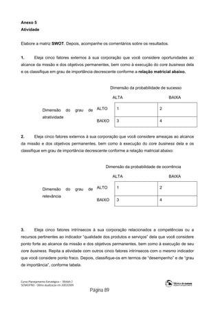 Curso Planejamento Estratégico – Módulo 2
SENASP/MJ - Última atualização em 20/03/2009
                                            Página 89
Anexo 5
Atividade
Elabore a matriz SWOT. Depois, acompanhe os comentários sobre os resultados.
1. Eleja cinco fatores externos à sua corporação que você considere oportunidades ao
alcance da missão e dos objetivos permanentes, bem como à execução do core business dela
e os classifique em grau de importância decrescente conforme a relação matricial abaixo.
Dimensão da probabilidade de sucesso
ALTA BAIXA
ALTO 1 2Dimensão do grau de
atratividade
BAIXO 3 4
2. Eleja cinco fatores externos à sua corporação que você considere ameaças ao alcance
da missão e dos objetivos permanentes, bem como à execução do core business dela e os
classifique em grau de importância decrescente conforme a relação matricial abaixo:
Dimensão da probabilidade de ocorrência
ALTA BAIXA
ALTO 1 2Dimensão do grau de
relevância
BAIXO 3 4
3. Eleja cinco fatores intrínsecos à sua corporação relacionados a competências ou a
recursos pertinentes ao indicador “qualidade dos produtos e serviços” dela que você considere
ponto forte ao alcance da missão e dos objetivos permanentes, bem como à execução de seu
core business. Repita a atividade com outros cinco fatores intrínsecos com o mesmo indicador
que você considere ponto fraco. Depois, classifique-os em termos de “desempenho” e de “grau
de importância”, conforme tabela.
 