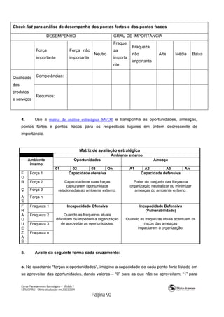 Curso Planejamento Estratégico – Módulo 2
SENASP/MJ - Última atualização em 20/03/2009
                                            Página 90
4. Use a matriz de análise estratégica SWOT e transponha as oportunidades, ameaças,
pontos fortes e pontos fracos para os respectivos lugares em ordem decrescente de
importância.
5. Avalie da seguinte forma cada cruzamento:
a. No quadrante “forças x oportunidades”, imagine a capacidade de cada ponto forte listado em
se aproveitar das oportunidades, dando valores – “0” para as que não se aproveitam; “1” para
Check-list para análise de desempenho dos pontos fortes e dos pontos fracos
DESEMPENHO GRAU DE IMPORTÂNCIA
Força
importante
Força não
importante
Neutro
Fraque
za
importa
nte
Fraqueza
não
importante
Alta Média Baixa
Competências:Qualidade
dos
produtos
e serviços
Recursos:
Matriz de avaliação estratégica
Ambiente externo
Ambiente
interno
Oportunidades Ameaça
01 02 03 On A1 A2 A3 An
F
O
Força 1
R Força 2
Ç Força 3
A
S
Força n
Capacidade ofensiva
Capacidade de suas forças
capturarem oportunidade
relacionadas ao ambiente externo.
Capacidade defensiva
Poder do conjunto das forças da
organização neutralizar ou minimizar
ameaças do ambiente externo.
F
R
Fraqueza 1
A
Q
Fraqueza 2
U
E
Fraqueza 3
Z
A
S
Fraqueza n
Incapacidade Ofensiva
Quando as fraquezas atuais
dificultam ou impedem a organização
de aproveitar as oportunidades.
Incapacidade Defensiva
(Vulnerabilidade)
Quando as fraquezas atuais acentuam os
riscos das ameaças
impactarem a organização.
 