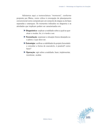 101Módulo Básico
Unidade 3 – Metodologia de Diagnóstico de Situações
Adotamos aqui a nomenclatura “momento”, conforme
proposta por Matus, como crítica à concepção de planejamento
convencional como composto por um conjunto de etapas ou de fases
separadas e estanques. Os momentos indicados no diagrama e as
atividades que implicam podem ser caracterizados em:
 Diagnóstico: explicar a realidade sobre a qual se quer
atuar e mudar; foi, é e tende a ser.
 Formulação: expressar a situação futura desejada ou
o plano; o que deve ser.
 Estratégia: verificar a viabilidade do projeto formulado
e conceber a forma de executá-lo; é possível? como
fazer?
 Operação: agir sobre a realidade; fazer, implementar,
monitorar, avaliar.
 