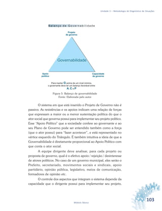 103Módulo Básico
Unidade 3 – Metodologia de Diagnóstico de Situações
Figura 5: Balanço de governabilidade
Fonte: Elaborada pelo autor
O sistema em que está inserido o Projeto de Governo não é
passivo. As resistências e os apoios indicam uma relação de forças
que expressam a maior ou a menor sustentação política do que o
ator social que governa possui para implementar seu projeto político.
Esse “Apoio Político” que a sociedade confere ao governante e ao
seu Plano de Governo pode ser entendido também como a força
(que o ator possui) para “fazer acontecer”, e está representado no
vértice esquerdo do Triângulo. É também intuitiva a ideia de que a
Governabilidade é diretamente proporcional ao Apoio Político com
que conta o ator social.
A equipe dirigente deve analisar, para cada projeto ou
proposta de governo, qual é o efetivo apoio / rejeição / desinteresse
de atores políticos. No caso de um governo municipal, eles serão o
Prefeito, secretariado, movimentos sociais e sindicais, apoio
partidário, opinião pública, legislativo, meios de comunicação,
formadores de opinião etc.
O controle dos aspectos que integram o sistema depende da
capacidade que o dirigente possui para implementar seu projeto,
 