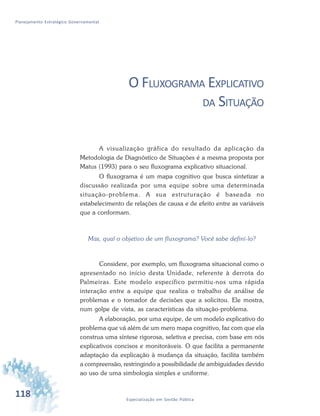 118 Especialização em Gestão Pública
Planejamento Estratégico Governamental
O FLUXOGRAMA EXPLICATIVO
DA SITUAÇÃO
A visualização gráfica do resultado da aplicação da
Metodologia de Diagnóstico de Situações é a mesma proposta por
Matus (1993) para o seu fluxograma explicativo situacional.
O fluxograma é um mapa cognitivo que busca sintetizar a
discussão realizada por uma equipe sobre uma determinada
situação-problema. A sua estruturação é baseada no
estabelecimento de relações de causa e de efeito entre as variáveis
que a conformam.
Mas, qual o objetivo de um fluxograma? Você sabe defini-lo?
Considere, por exemplo, um fluxograma situacional como o
apresentado no início desta Unidade, referente à derrota do
Palmeiras. Este modelo específico permitiu-nos uma rápida
interação entre a equipe que realiza o trabalho de análise de
problemas e o tomador de decisões que a solicitou. Ele mostra,
num golpe de vista, as características da situação-problema.
A elaboração, por uma equipe, de um modelo explicativo do
problema que vá além de um mero mapa cognitivo, faz com que ela
construa uma síntese rigorosa, seletiva e precisa, com base em nós
explicativos concisos e monitoráveis. O que facilita a permanente
adaptação da explicação à mudança da situação, facilita também
a compreensão, restringindo a possibilidade de ambiguidades devido
ao uso de uma simbologia simples e uniforme.
 