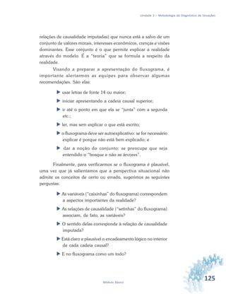 125Módulo Básico
Unidade 3 – Metodologia de Diagnóstico de Situações
relações de causalidade imputadas) que nunca está a salvo de um
conjunto de valores morais, interesses econômicos, crenças e visões
dominantes. Esse conjunto é o que permite explicar a realidade
através do modelo. É a “teoria” que se formula a respeito da
realidade.
Visando a preparar a apresentação do fluxograma, é
importante alertarmos as equipes para observar algumas
recomendações. São elas:
 usar letras de fonte 14 ou maior;
 iniciar apresentando a cadeia causal superior;
 ir até o ponto em que ela se “junta” com a segunda
etc.;
 ler, mas sem explicar o que está escrito;
 o fluxograma deve ser autoexplicativo: se for necessário
explicar é porque não está bem explicado; e
 dar a noção do conjunto: se preocupe que seja
entendido o “bosque e não as árvores”.
Finalmente, para verificarmos se o fluxograma é plausível,
uma vez que já salientamos que a perspectiva situacional não
admite os conceitos de certo ou errado, sugerimos as seguintes
perguntas:
 As variáveis (“caixinhas” do fluxograma) correspondem
a aspectos importantes da realidade?
 As relações de causalidade (“setinhas” do fluxograma)
associam, de fato, as variáveis?
 O sentido delas corresponde à relação de causalidade
imputada?
 Está claro e plausível o encadeamento lógico no interior
de cada cadeia causal?
 E no fluxograma como um todo?
 
