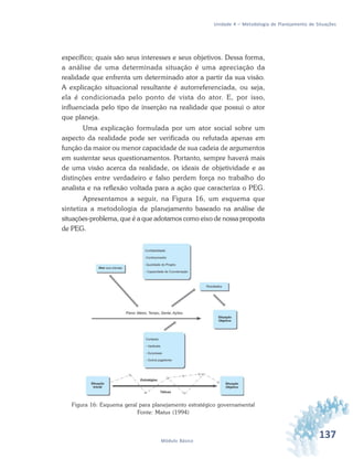 137Módulo Básico
Unidade 4 – Metodologia de Planejamento de Situações
específico; quais são seus interesses e seus objetivos. Dessa forma,
a análise de uma determinada situação é uma apreciação da
realidade que enfrenta um determinado ator a partir da sua visão.
A explicação situacional resultante é autorreferenciada, ou seja,
ela é condicionada pelo ponto de vista do ator. E, por isso,
influenciada pelo tipo de inserção na realidade que possui o ator
que planeja.
Uma explicação formulada por um ator social sobre um
aspecto da realidade pode ser verificada ou refutada apenas em
função da maior ou menor capacidade de sua cadeia de argumentos
em sustentar seus questionamentos. Portanto, sempre haverá mais
de uma visão acerca da realidade, os ideais de objetividade e as
distinções entre verdadeiro e falso perdem força no trabalho do
analista e na reflexão voltada para a ação que caracteriza o PEG.
Apresentamos a seguir, na Figura 16, um esquema que
sintetiza a metodologia de planejamento baseado na análise de
situações-problema, que é a que adotamos como eixo de nossa proposta
de PEG.
Figura 16: Esquema geral para planejamento estratégico governamental
Fonte: Matus (1994)
 