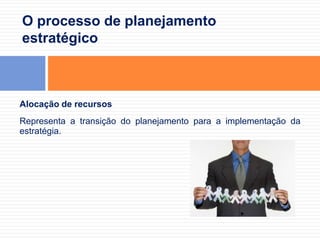 O processo de planejamento estratégicoAnálise internaIdentificação dos pontos fortes e fracos da organização.O estudo pode ser feito por meio da análise das:Áreas funcionais