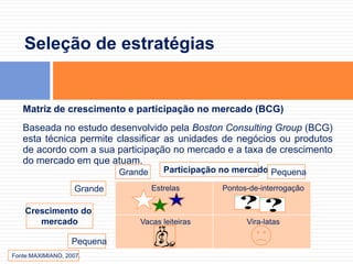 O processo de planejamento estratégicoEstratégiasSegundo Igor Ansoff:ProdutosTradicionaisNovosMercadosTradicionaisNovosMatriz de Ansoff (MAXIMIANO, 2007)