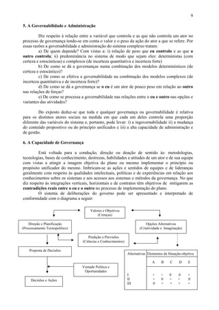 9

5. A Governabilidade e Administração

         Diz respeito à relação entre a variável que controla e as que não controla um ator no
processo de governança tendo-se em conta o valor e o peso da ação do ator a que se refere. Por
essas razões a governabilidade e administração do sistema complexo tratam:
         a) De quem depende? Com vistas a: i) relação de peso que eu controlo e as que o
outro controla; ii) predominância no sistema de modo que sejam eles: deterministas (com
certeza e estocásticas) e complexos (de incerteza quantitativa e incerteza forte)
         b) De como se dá a governanças numa combinação dos modelos determinísticos (de
certeza e estocástico)?
         c) De como se efetiva a governabilidade na combinação dos modelos complexos (de
incerteza quantitativa e de incerteza forte)?
         d) De como se dá a governança se o eu é um ator de pouco peso em relação ao outro
nas relações de forças?
         e) De como se processa a governabilidade nas relações entre o eu e outro nas opções e
variantes das atividades?

         Do exposto deduz-se que toda e qualquer governança ou governabilidade é relativa
para os distintos atores sociais na medida em que cada um deles controla uma proporção
diferente das variáveis do sistema e, portanto, pode levar: i) a ingovernabilidade ii) a mudança
do conteúdo propositivo ou do princípio unificados e iii) a alta capacidade de administração e
de gestão.

6. A Capacidade de Governança

         Está voltada para a condução, direção ou doação de sentido às: metodologias,
tecnologias, bases de conhecimento, destrezas, habilidades e atitudes de um ator e de sua equipe
com vistas a atingir a imagem objetiva do plano ou mesmo implementar o princípio ou
propósito unificador do mesmo. Imbricam-se as ações e sentidos de equipes e de lideranças
geralmente com respeito às qualidades intelectuais, políticas e de experiências em relação aos
conhecimentos sobre os sistemas e aos acessos aos sistemas e métodos da governança. No que
diz respeito às integrações verticais, horizontais e de contratos têm objetivos de mitigarem as
contradições reais entre o eu e o outro no processo de implementação do plano.
         O sistema de deliberações do governo pode ser apresentado e interpretado de
conformidade com o diagrama a seguir:

                                      Valores e Objetivos
                                          (Crenças)

    Direção e Planificação                                                Opções Alternativas
(Processamento Tecnopolitico)                                         (Criatividade e Imaginação)

                                     Predição e Previsões
                                 (Ciências e Conhecimentos)

    Proposta de Decisões
                                                              Alternativas Elementos da Situação-objetiva

                                                                              A    B     C     D     E
                                 Vontade Política e
                                  Oportunidades
                                                              I               +    +     0    0      +
     Decisões e Ações                                         II              +    0     +    +      0
                                                              III             0    +     +    +      +
 