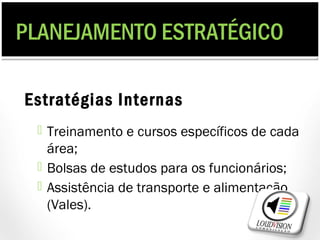 PLANEJAMENTO ESTRATÉGICO

Estratégias Internas
  Treinamento e cursos específicos de cada
   área;
  Bolsas de estudos para os funcionários;
  Assistência de transporte e alimentação
   (Vales).
 