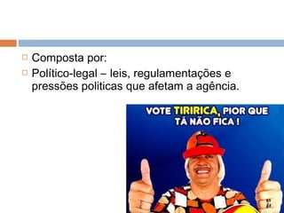    Composta por:
   Político-legal – leis, regulamentações e
    pressões politicas que afetam a agência.
 