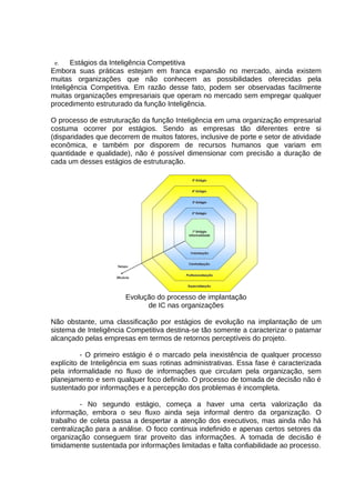 e.
Estágios da Inteligência Competitiva
Embora suas práticas estejam em franca expansão no mercado, ainda existem
muitas organizações que não conhecem as possibilidades oferecidas pela
Inteligência Competitiva. Em razão desse fato, podem ser observadas facilmente
muitas organizações empresariais que operam no mercado sem empregar qualquer
procedimento estruturado da função Inteligência.

O processo de estruturação da função Inteligência em uma organização empresarial
costuma ocorrer por estágios. Sendo as empresas tão diferentes entre si
(disparidades que decorrem de muitos fatores, inclusive de porte e setor de atividade
econômica, e também por disporem de recursos humanos que variam em
quantidade e qualidade), não é possível dimensionar com precisão a duração de
cada um desses estágios de estruturação.

Evolução do processo de implantação
de IC nas organizações
Não obstante, uma classificação por estágios de evolução na implantação de um
sistema de Inteligência Competitiva destina-se tão somente a caracterizar o patamar
alcançado pelas empresas em termos de retornos perceptíveis do projeto.
- O primeiro estágio é o marcado pela inexistência de qualquer processo
explícito de Inteligência em suas rotinas administrativas. Essa fase é caracterizada
pela informalidade no fluxo de informações que circulam pela organização, sem
planejamento e sem qualquer foco definido. O processo de tomada de decisão não é
sustentado por informações e a percepção dos problemas é incompleta.
- No segundo estágio, começa a haver uma certa valorização da
informação, embora o seu fluxo ainda seja informal dentro da organização. O
trabalho de coleta passa a despertar a atenção dos executivos, mas ainda não há
centralização para a análise. O foco continua indefinido e apenas certos setores da
organização conseguem tirar proveito das informações. A tomada de decisão é
timidamente sustentada por informações limitadas e falta confiabilidade ao processo.

 