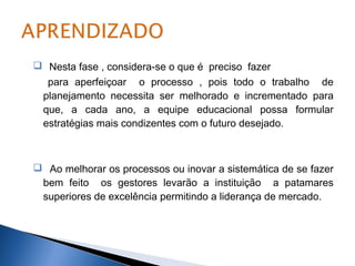  Nesta fase , considera-se o que é preciso fazer
para aperfeiçoar o processo , pois todo o trabalho de
planejamento necessita ser melhorado e incrementado para
que, a cada ano, a equipe educacional possa formular
estratégias mais condizentes com o futuro desejado.

 Ao melhorar os processos ou inovar a sistemática de se fazer
bem feito os gestores levarão a instituição a patamares
superiores de excelência permitindo a liderança de mercado.

 