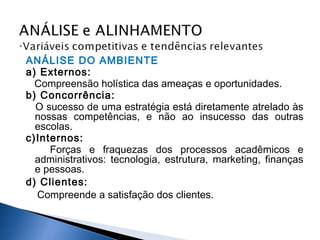 ANÁLISE DO AMBIENTE
a) Externos:
Compreensão holística das ameaças e oportunidades.
b) Concorrência:
O sucesso de uma estratégia está diretamente atrelado às
nossas competências, e não ao insucesso das outras
escolas.
c)Internos:
Forças e fraquezas dos processos acadêmicos e
administrativos: tecnologia, estrutura, marketing, finanças
e pessoas.
d) Clientes:
Compreende a satisfação dos clientes.

 