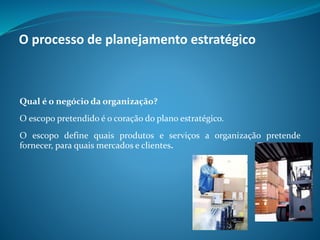 Qual é o negócio da organização?
O escopo pretendido é o coração do plano estratégico.
O escopo define quais produtos e serviços a organização pretende
fornecer, para quais mercados e clientes.
O processo de planejamento estratégico
 