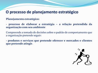 Planejamento estratégico:
- processo de elaborar a estratégia – a relação pretendida da
organização com seu ambiente
Compreende a tomada de decisões sobre o padrão de comportamento que
a organização pretende seguir:
- produtos e serviços que pretende oferecer e mercados e clientes
que pretende atingir.
O processo de planejamento estratégico
 
