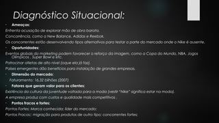 Diagnóstico Situacional:
• Ameaças:
Enfrenta acusação de explorar mão de obra barata.
Concorrência, como a New Balance, Adidas e Reebok.
Os concorrentes estão desenvolvendo tipos alternativos para testar a parte do mercado onde o Nike é ausente.
• Oportunidades:
Eventos globais do marketing podem favorecer o reforço da imagem, como a Copa do Mundo, NBA, Jogos
Olímpicos , Super Bowl e etc.
Patrocinar atletas de alto nível (oque ela já faz).
Países emergentes dão benefícios para instalação de grandes empresas.
• Dimensão do mercado:
Faturamento: 16,32 bilhões (2007)
• Fatores que geram valor para os clientes:
Existência da cultura da juventude voltada para a moda (vestir “Nike” significa estar na moda).
A empresa produz com custos e qualidade mais competitivos .
• Pontos fracos e fortes:
Pontos Fortes: Marca conhecida; líder do mercado;
Pontos Fracos:; migração para produtos de outro tipo; concorrentes fortes;
 