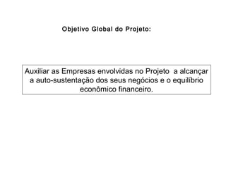 Objetivo Global do Projeto:
Auxiliar as Empresas envolvidas no Projeto a alcançar
a auto-sustentação dos seus negócios e o equilíbrio
econômico financeiro.
 