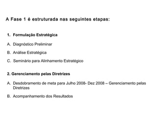 A Fase 1 é estruturada nas seguintes etapas:
1. Formulação Estratégica
A. Diagnóstico Preliminar
B. Análise Estratégica
C. Seminário para Alinhamento Estratégico
2. Gerenciamento pelas Diretrizes
A. Desdobramento de meta para Julho 2008- Dez 2008 – Gerenciamento pelas
Diretrizes
B. Acompanhamento dos Resultados
 